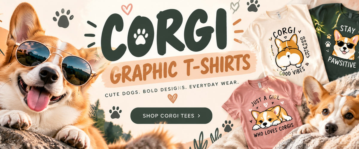 Corgi graphic t-shirts banner with happy corgis in sunglasses and corgi tees